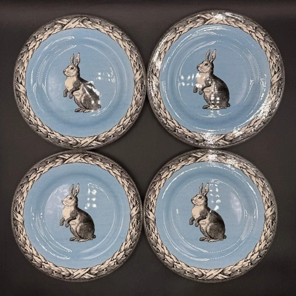 Carly Dodsley Rabbit Salad Plates Set of 4 Blue White 8in Cottage Boho England